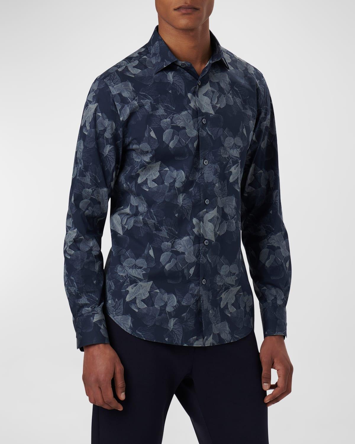 BUGATCHI Axel Leaf Print Stretch Cotton Button-up Shirt In Navy Product Image