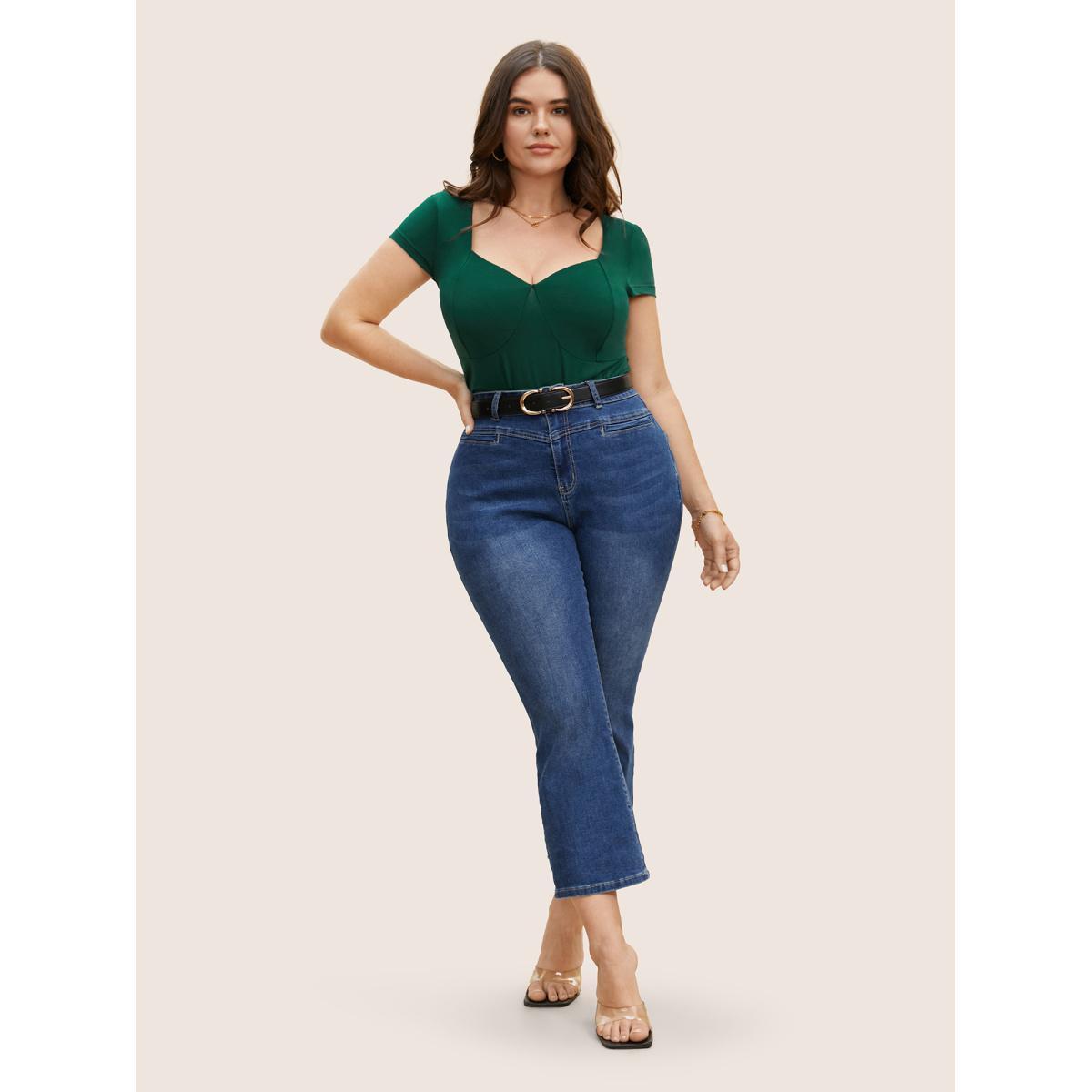 Plus Size High Stretch Deep V Neck Cap Sleeve T-shirt DarkGreen Women Elegant Patchwork Deep V-neck Bodycon Everyday T-shirts BloomChic 22-24/3X Product Image