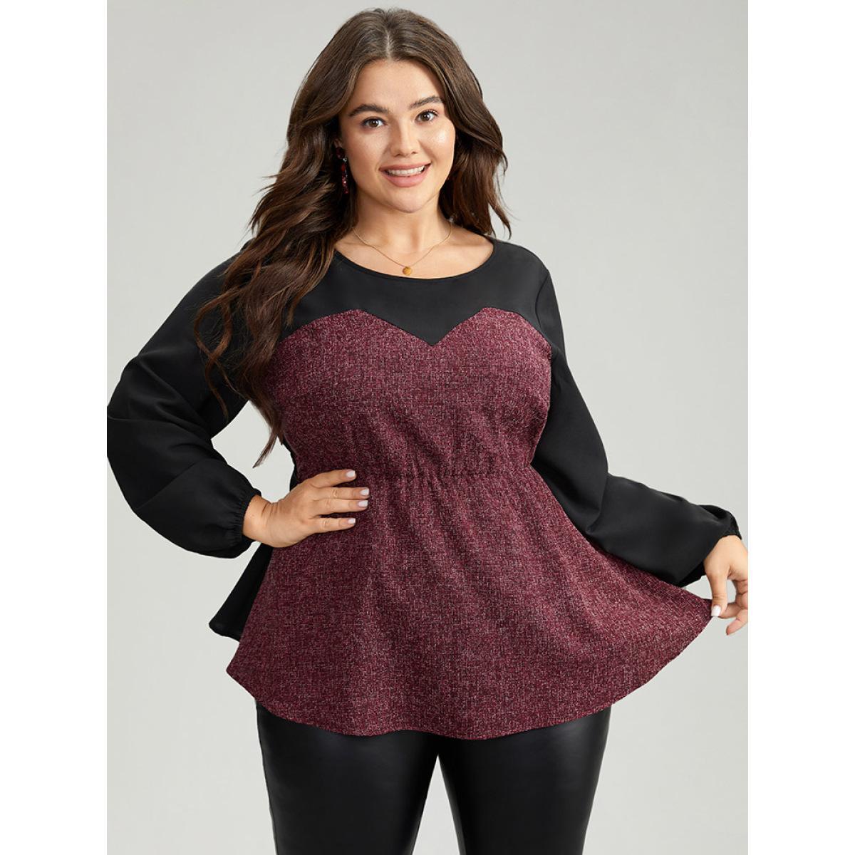 Plus Size Burgundy Contrast Patchwork Lantern Sleeve Elastic Waist Blouse Women Elegant Long Sleeve Round Neck Festival-Christmas Blouses BloomChic 22-24/3X Product Image