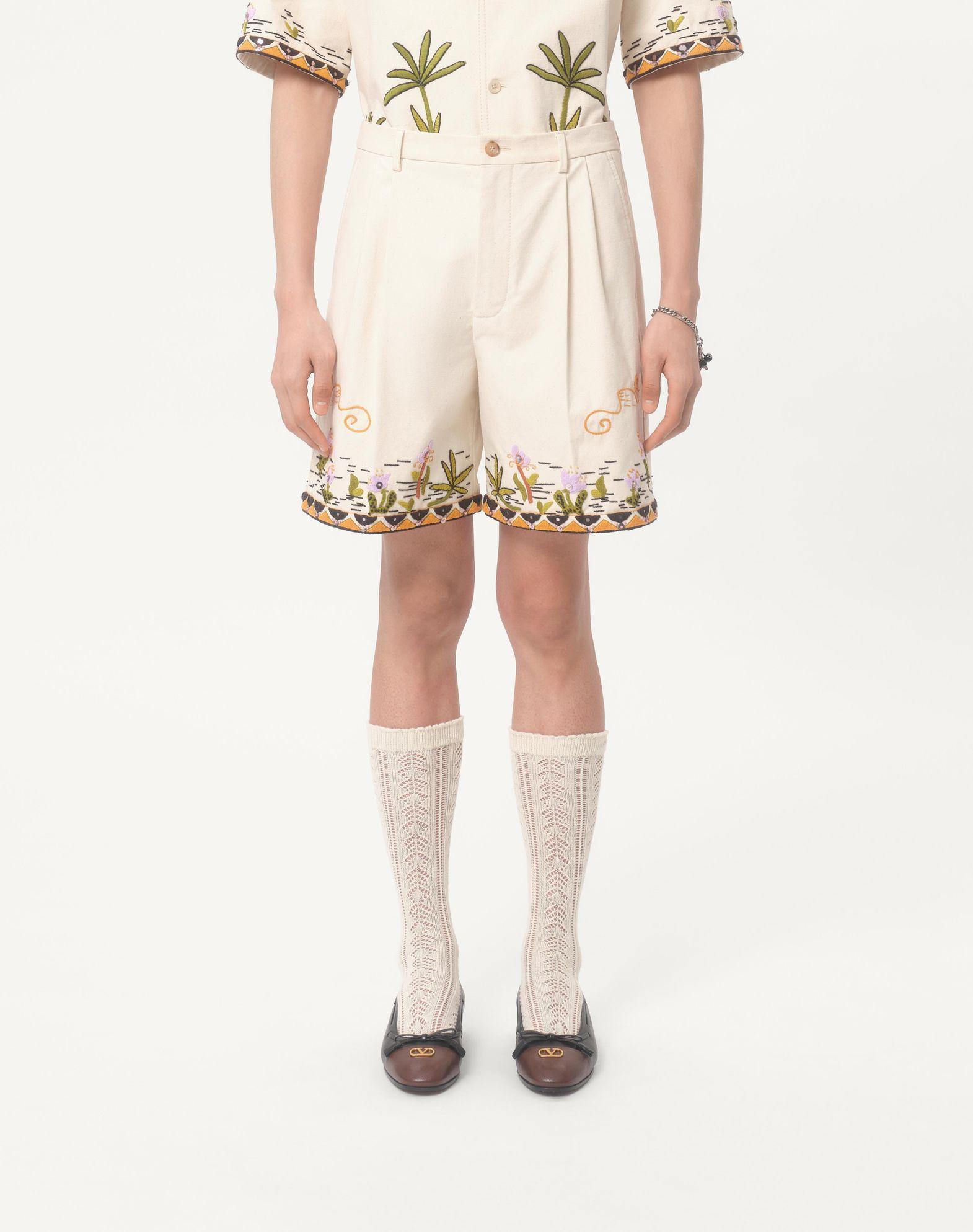 Cotton Canvas Bermuda Shorts With Floral Embroidery And Jacquard Trimmings Product Image