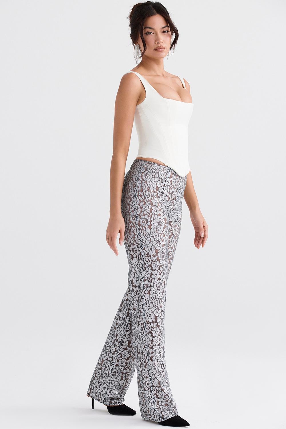 Mara Silver Metallic Lace Trousers Product Image