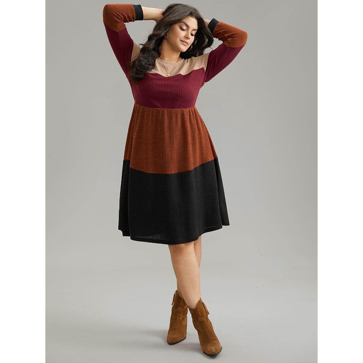 Plus Size Colorblock Rib Knit Pocket Patchwork Dress Multicolor Women Casual Rib Knit Round Neck Long Sleeve Curvy Knee Dress BloomChic 30/6X Product Image