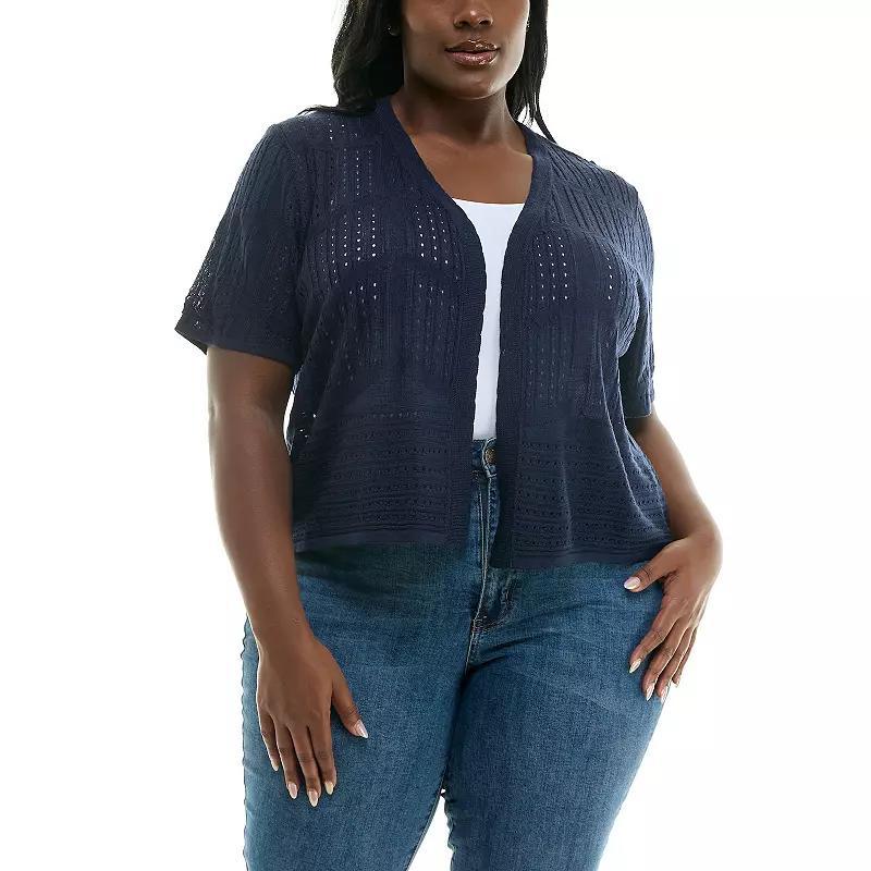 Plus Size Nina Leonard Open Front Crochet Bolero, Womens Blue Product Image