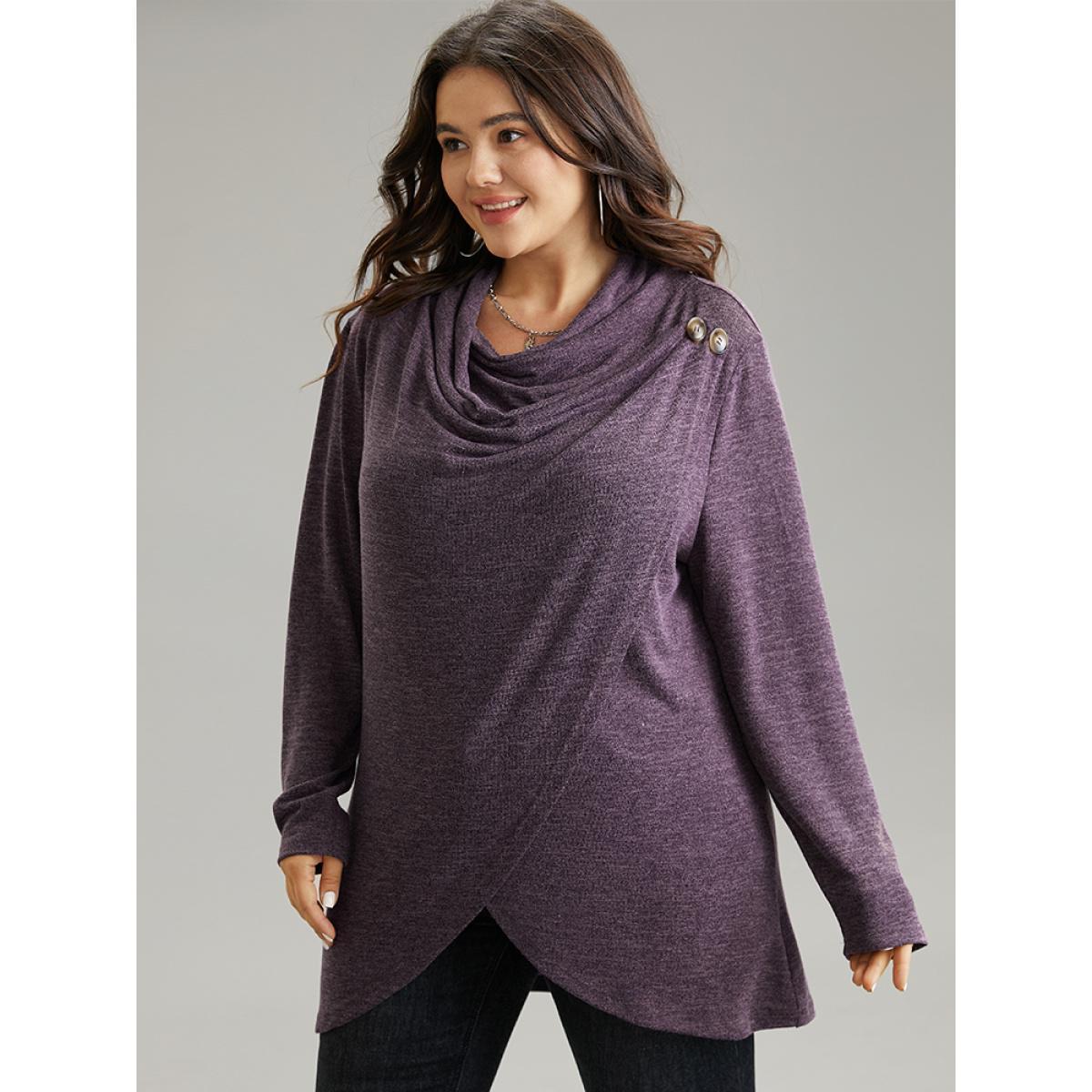 Plus Size Plain Heather Cowl Neck Button Detail Sweatshirt Women Purple Casual Overlapping Cowl Neck Everyday Sweatshirts BloomChic 28/5X Product Image