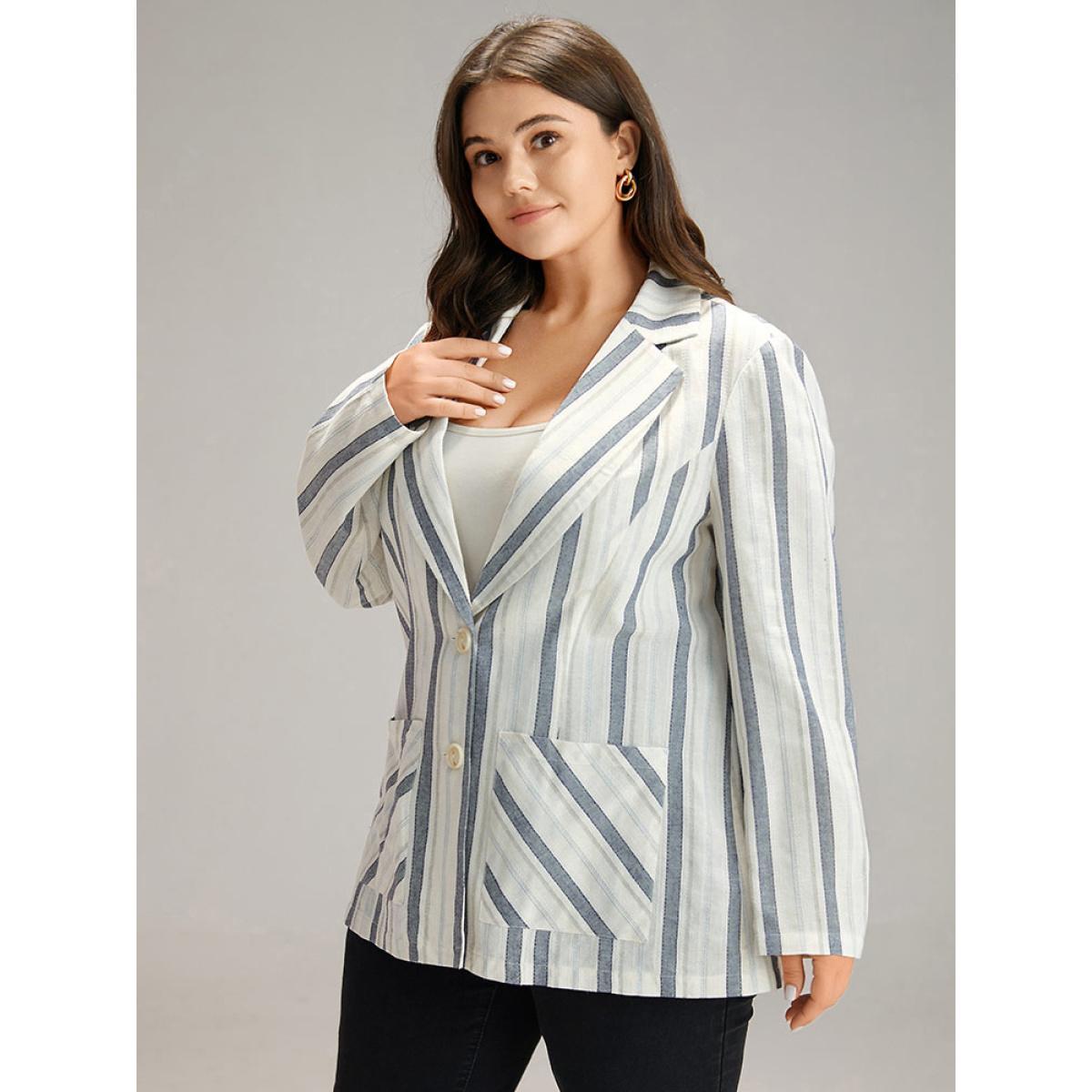 Plus Size Striped Suit Collar Pocket Blazer Blue Women Dailywear Striped Contrast Sleeve Long Sleeve Suit Collar 10/M Pocket Casual Blazers BloomChic Product Image