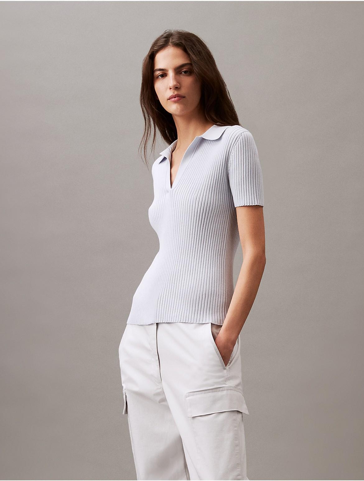 Calvin Klein Women's Smooth Cotton Rib Sweater Polo Shirt - White - L Product Image