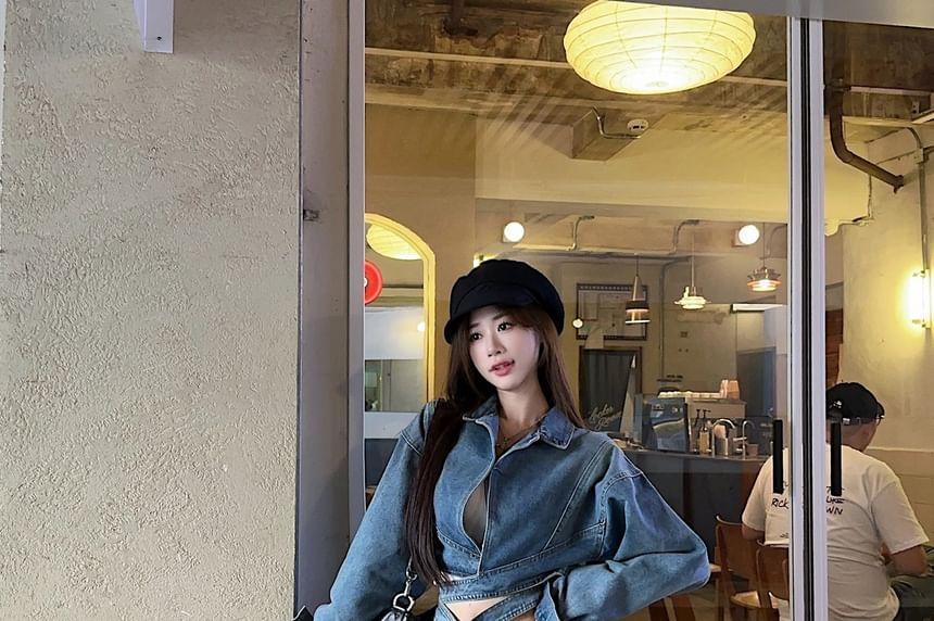 Collared Washed Denim Wrap Crop Jacket Product Image