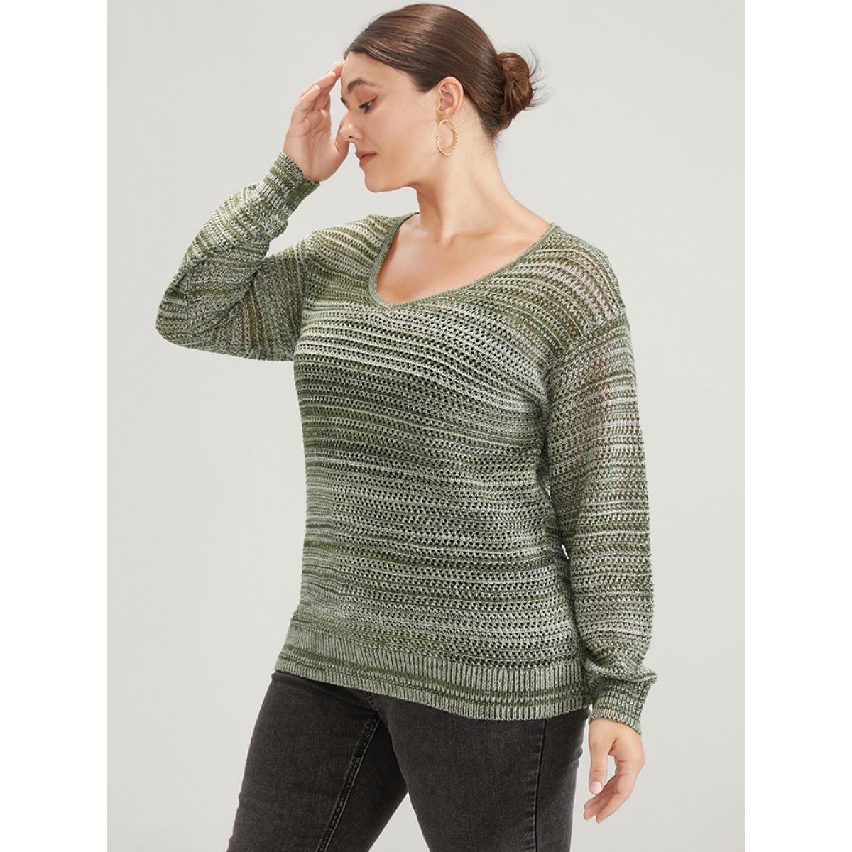 Plus Size Ombre Spacedye Knit V Neck Crochet Knit Top Multicolor Women Casual Loose Long Sleeve V-neck Dailywear Pullovers BloomChic 30/6X Product Image