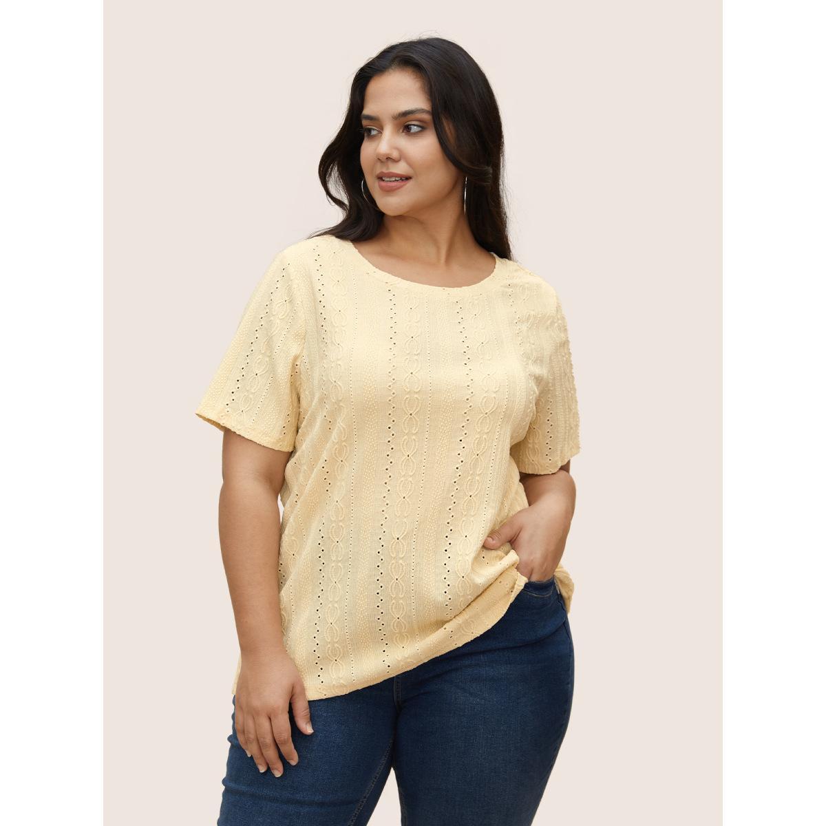 Plus Size Plain Textured Crew Neck T-shirt Yellow Women Casual Texture Round Neck Everyday T-shirts BloomChic 28/5X Product Image