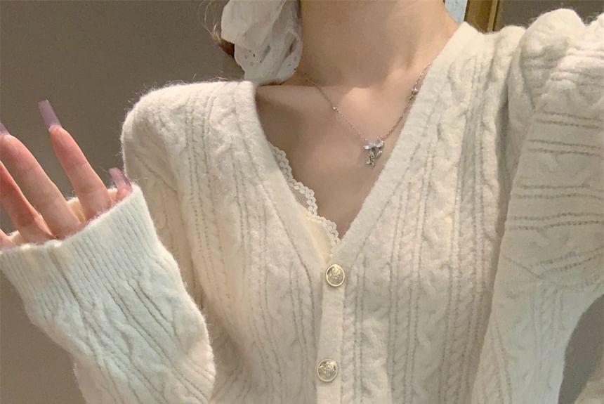 V-Neck Plain Cable Knit Button-Up Crop Cardigan Product Image