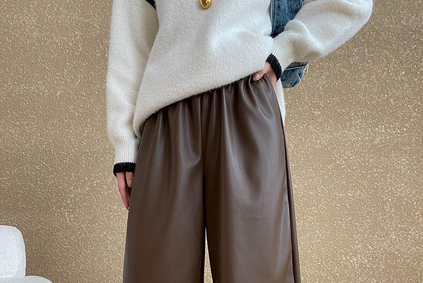 High Waist Plain Faux Leather Loose Fit Pants Product Image