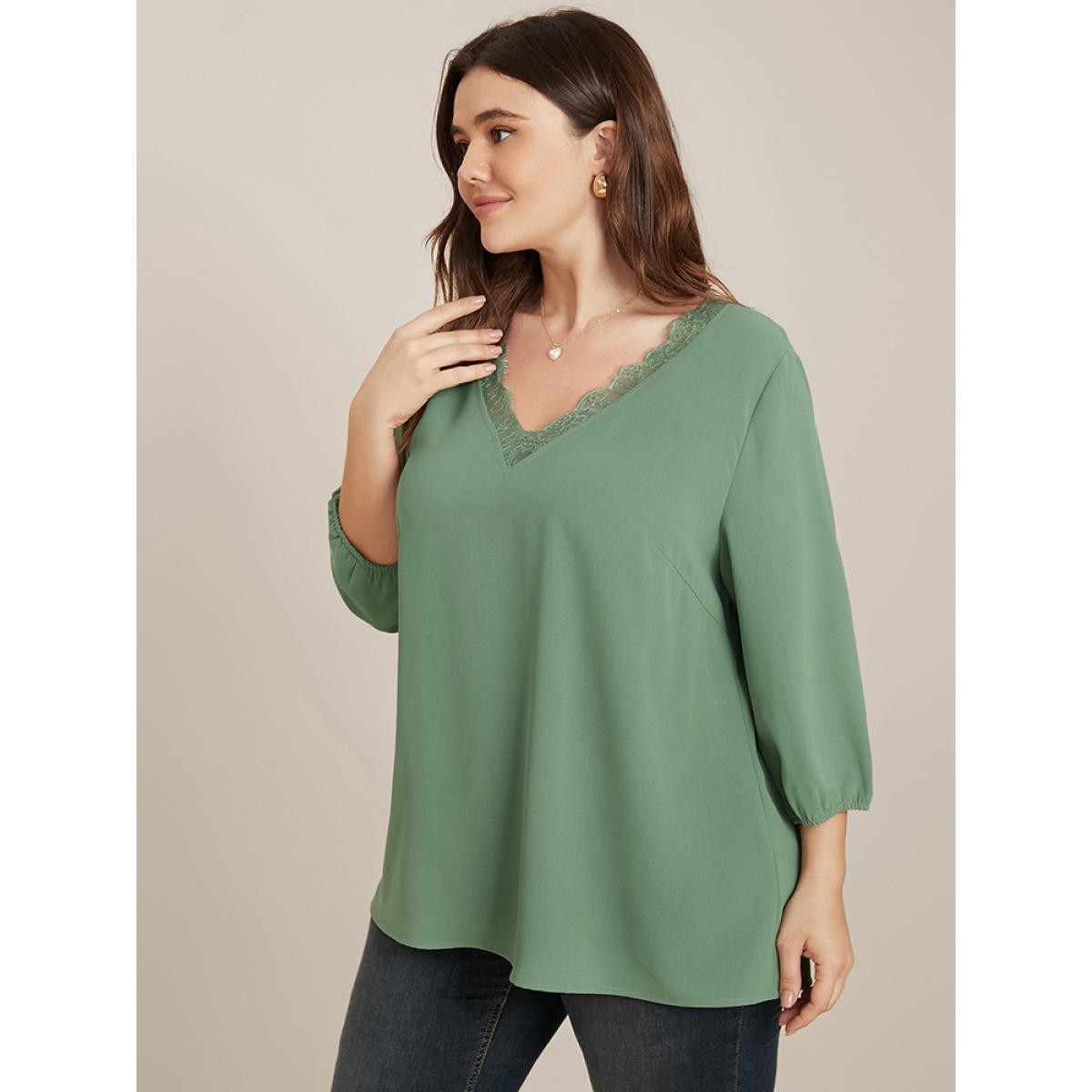 Plus Size Emerald Solid Lantern Sleeve Lace Trim V Neck Blouse Women Elegant Elbow-length sleeve V-neck Dailywear Blouses BloomChic 22-24/3X Product Image