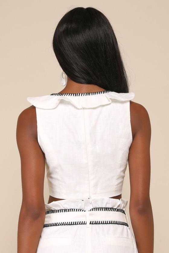 Breezy Romantic White and Black Linen Embroidered Crop Top Product Image