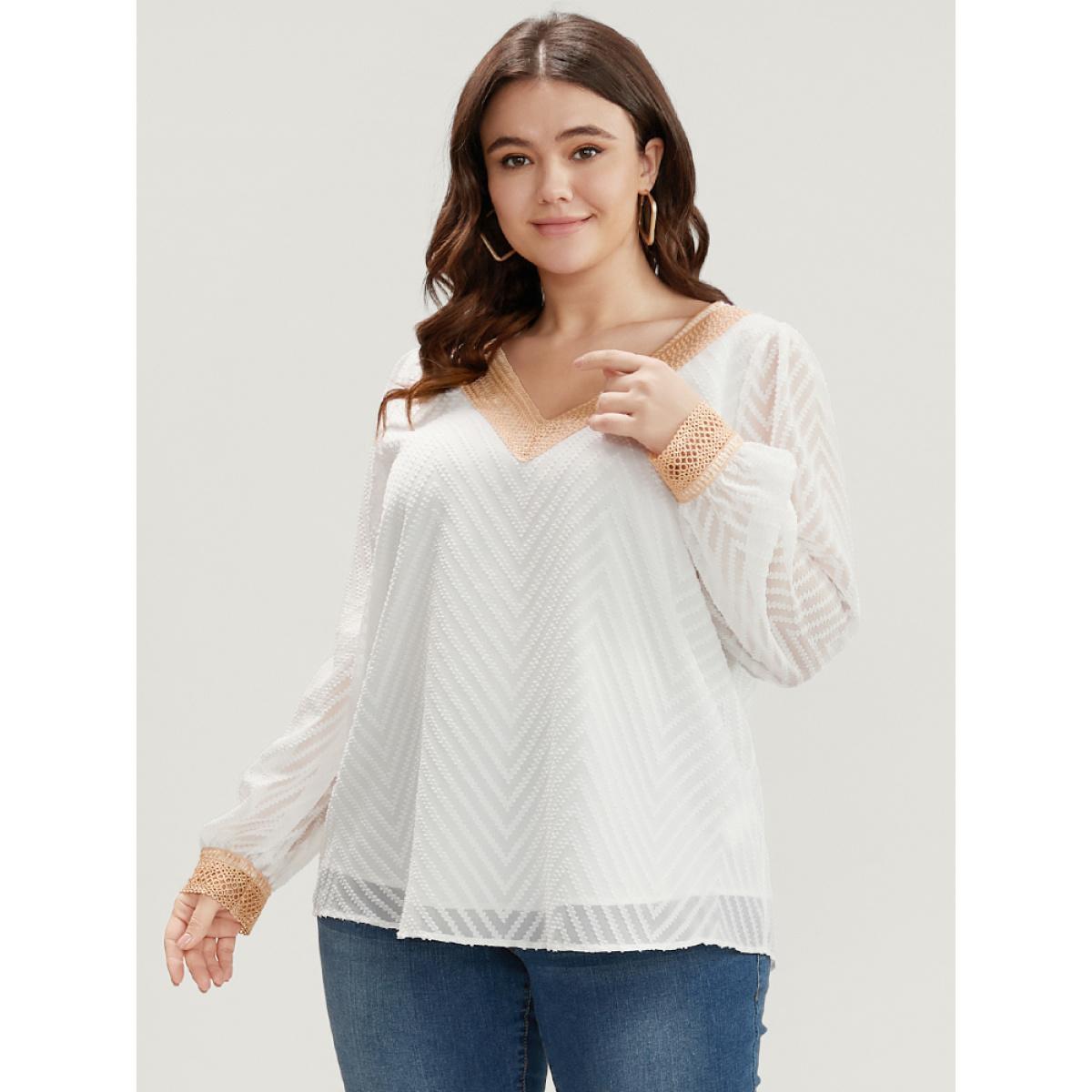 Plus Size Ivory Geometric Mesh Crochet Lace V Neck Blouse Women Elegant Long Sleeve V-neck Dailywear Blouses BloomChic 26/4X Product Image