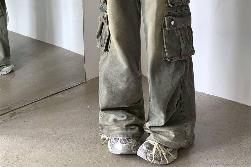 High Rise Washed Wide Leg Cargo Jeans Product Image