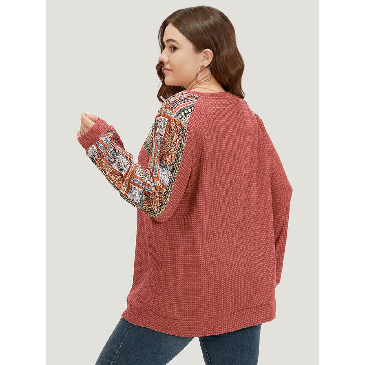 Plus Size Boho Print Patchwork Waffle Knit Crew Neck Sweatshirt Women Chocolate Casual Elastic cuffs Round Neck Dailywear Sweatshirts BloomChic 14-16/1X Product Image