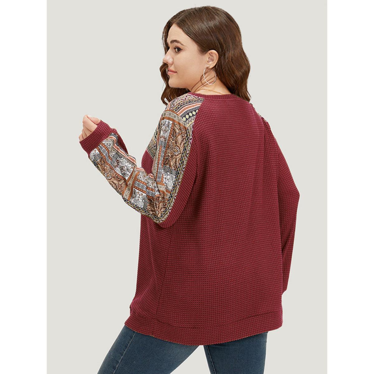 Plus Size Boho Print Patchwork Waffle Knit Crew Neck Sweatshirt Women Burgundy Casual Elastic cuffs Round Neck Dailywear Sweatshirts BloomChic 14-16/1X Product Image