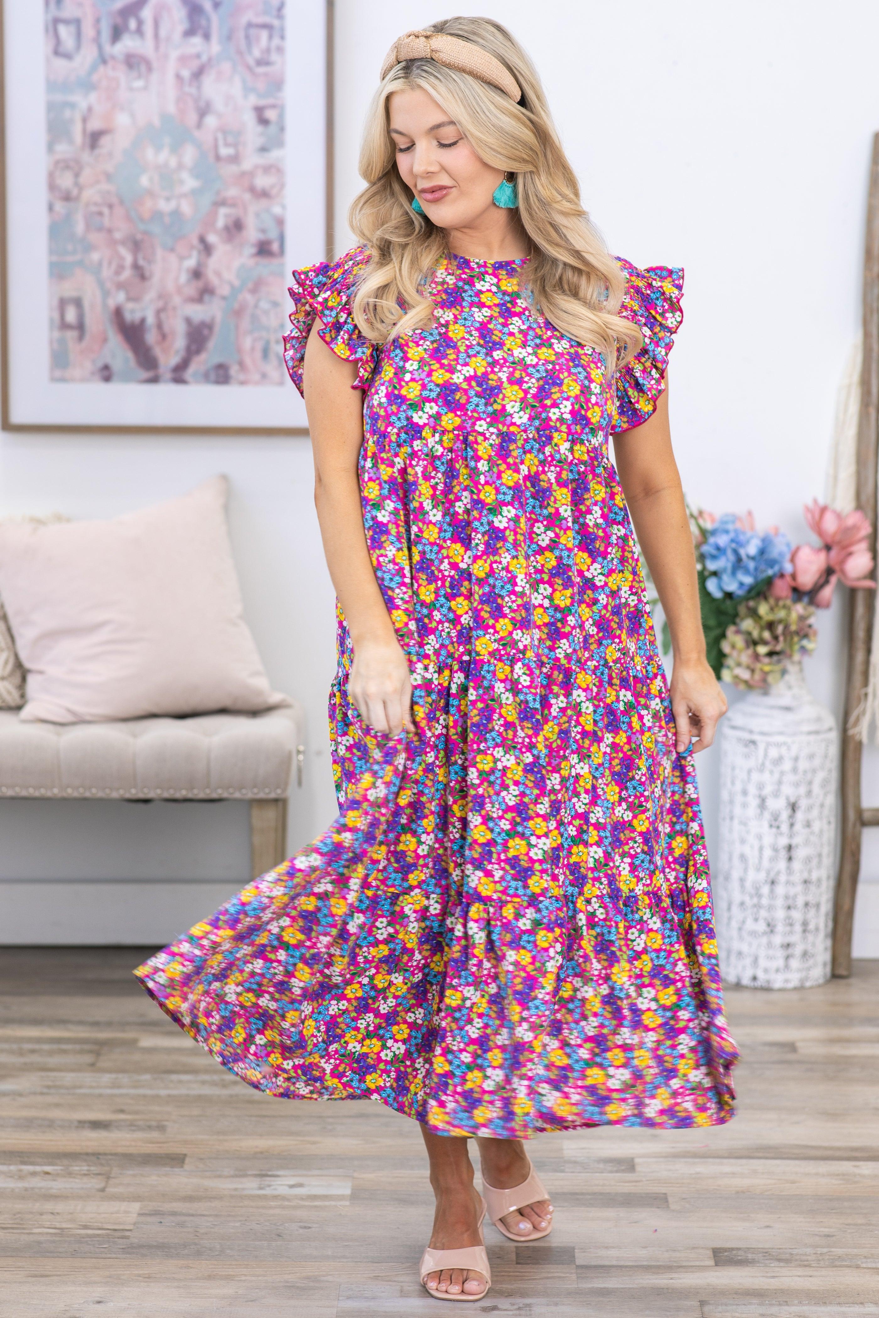 Fuchsia Ruffle Maxi Dress With Pockets Product Image