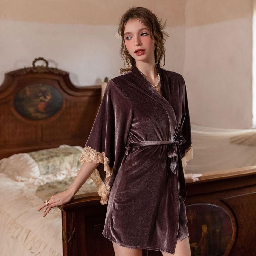 Cutout Lace Panel Velvet Slip Dress / Robe / Sash / Set Product Image