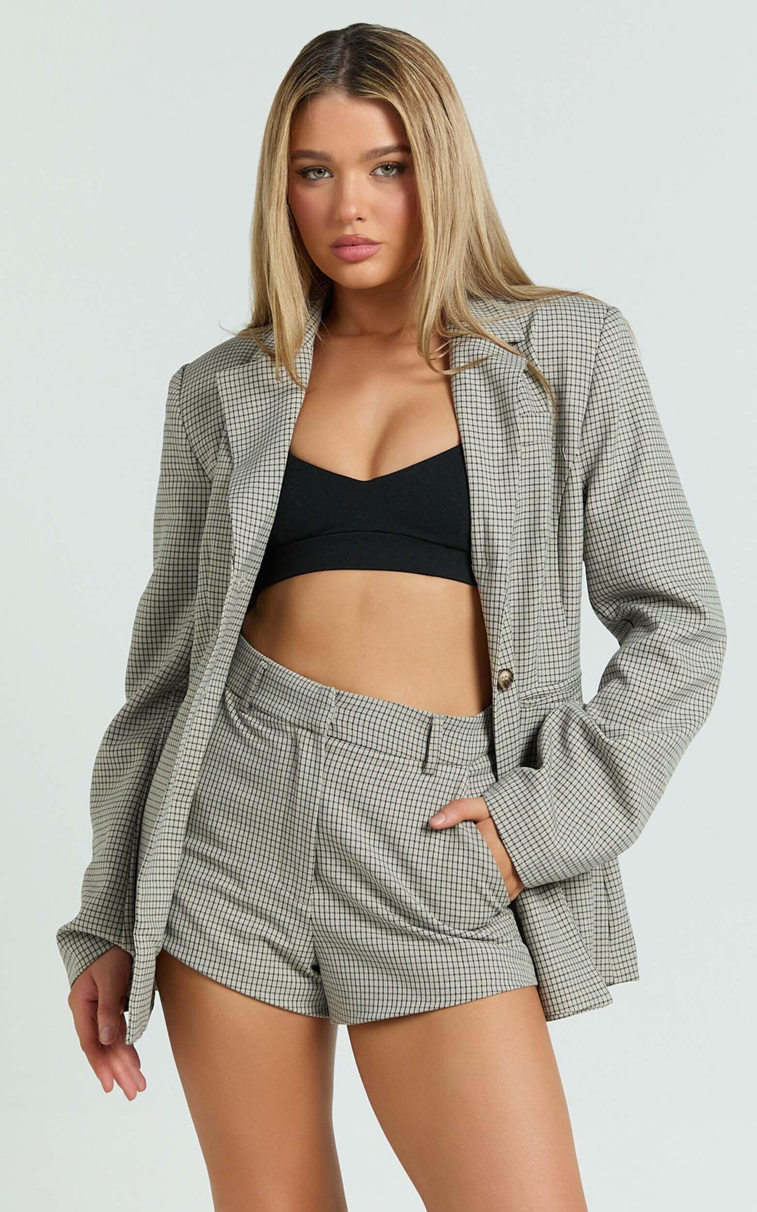 Angela Shorts - High Waist Micro Mini Shorts in Beige Check Product Image