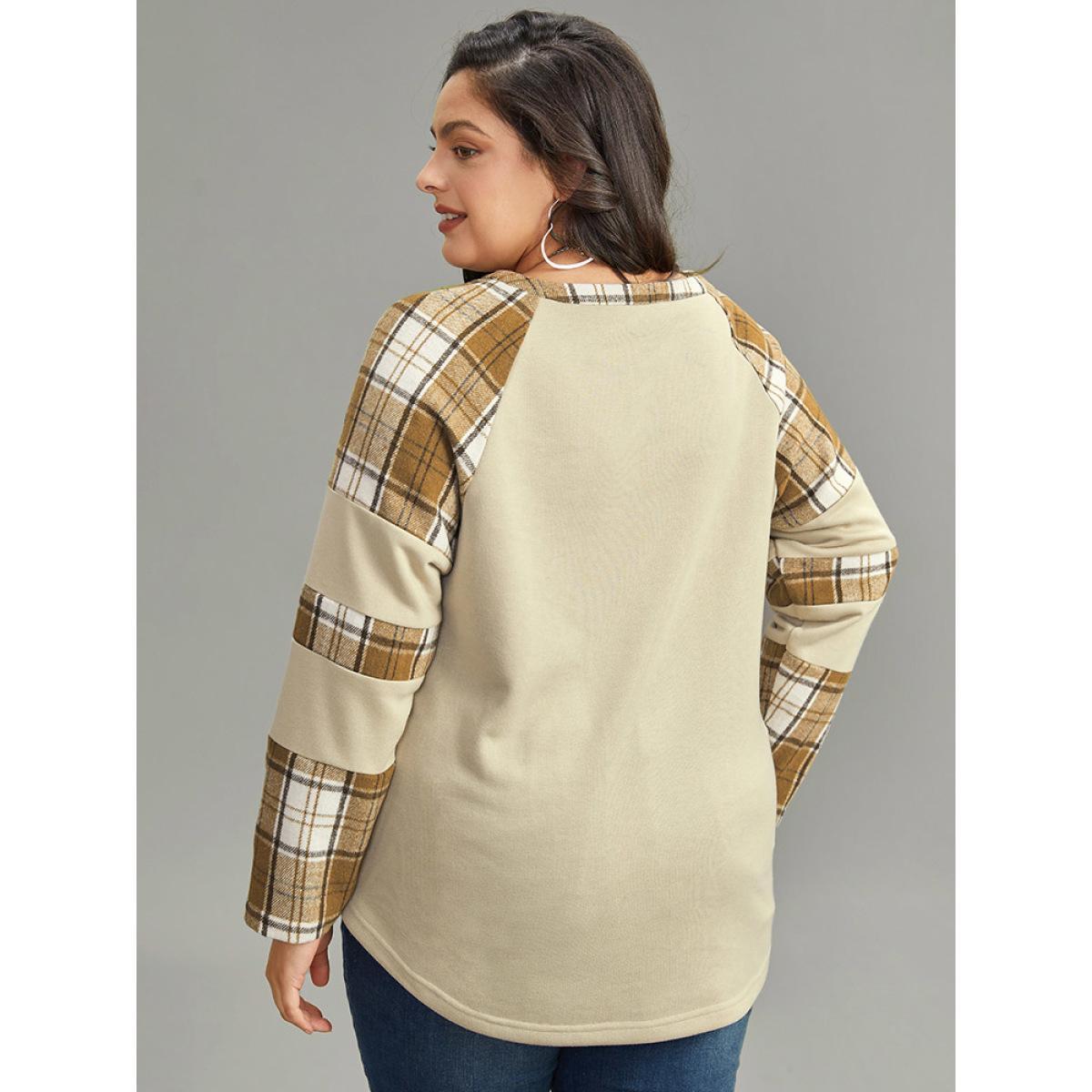 Plus Size Plaid Patchwork Raglan Sleeve Sweatshirt Women Champagne Casual Thick Round Neck Dailywear Sweatshirts BloomChic 18-20/2X Product Image