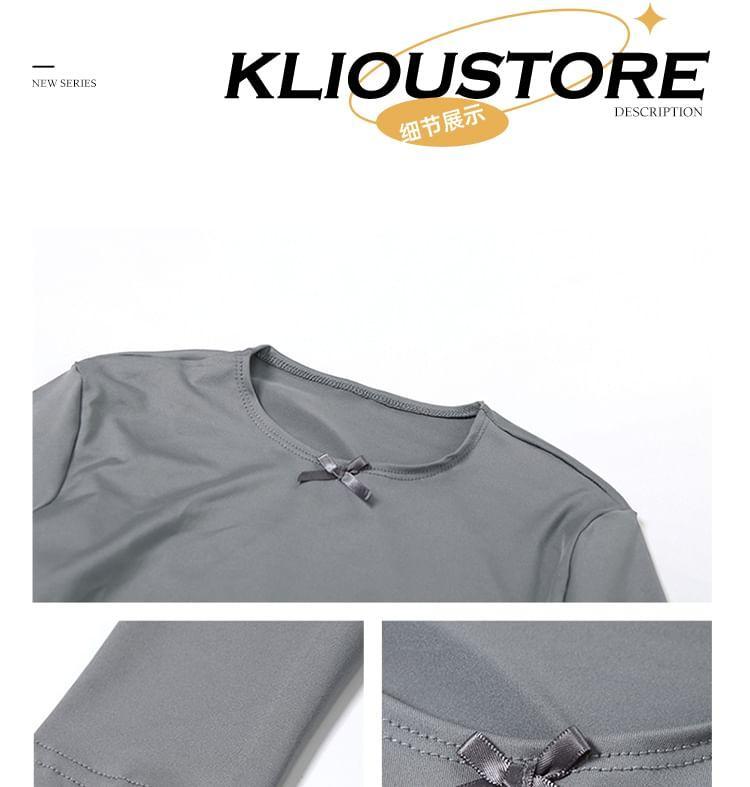 Long-Sleeve Crew Neck Plain Ruffle Bow Mini A-Line Dress Product Image