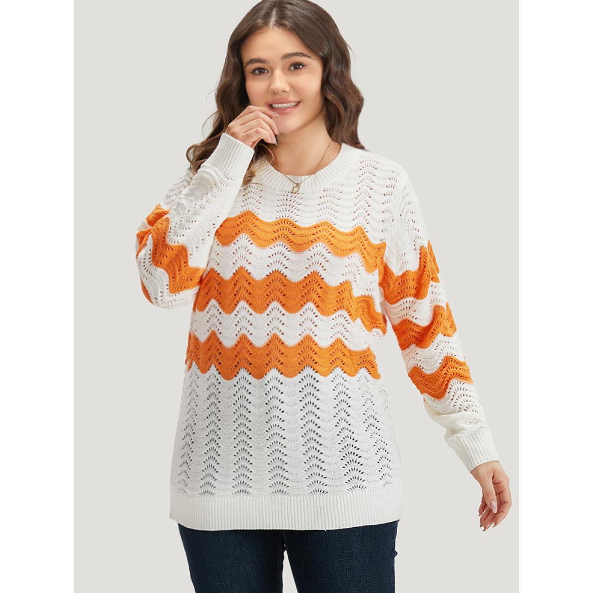 Plus Size Two Tone Eyelet Drop Shoulder Pullover Orange Women Casual Bodycon Long Sleeve Round Neck Dailywear Pullovers BloomChic 22-24/3X Product Image