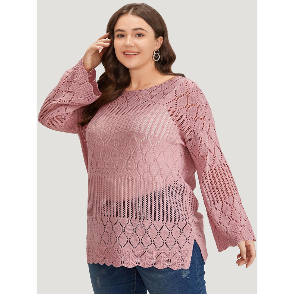 Plus Size Supersoft Essentials Hollow Out Split Side Bell Sleeve Pullover Watermelon Women Casual Loose Long Sleeve Round Neck Everyday Pullovers BloomChic 28/5X Product Image