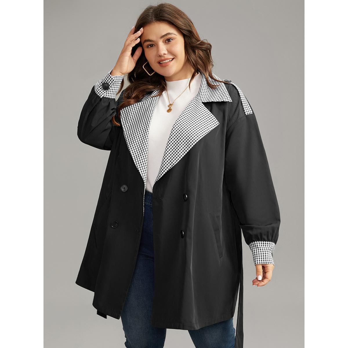 Plus Size Gingham Patchwork Belted Pocket Coat Women Black Casual Belted Ladies Dailywear Winter Coats BloomChic 14-16/1X Product Image