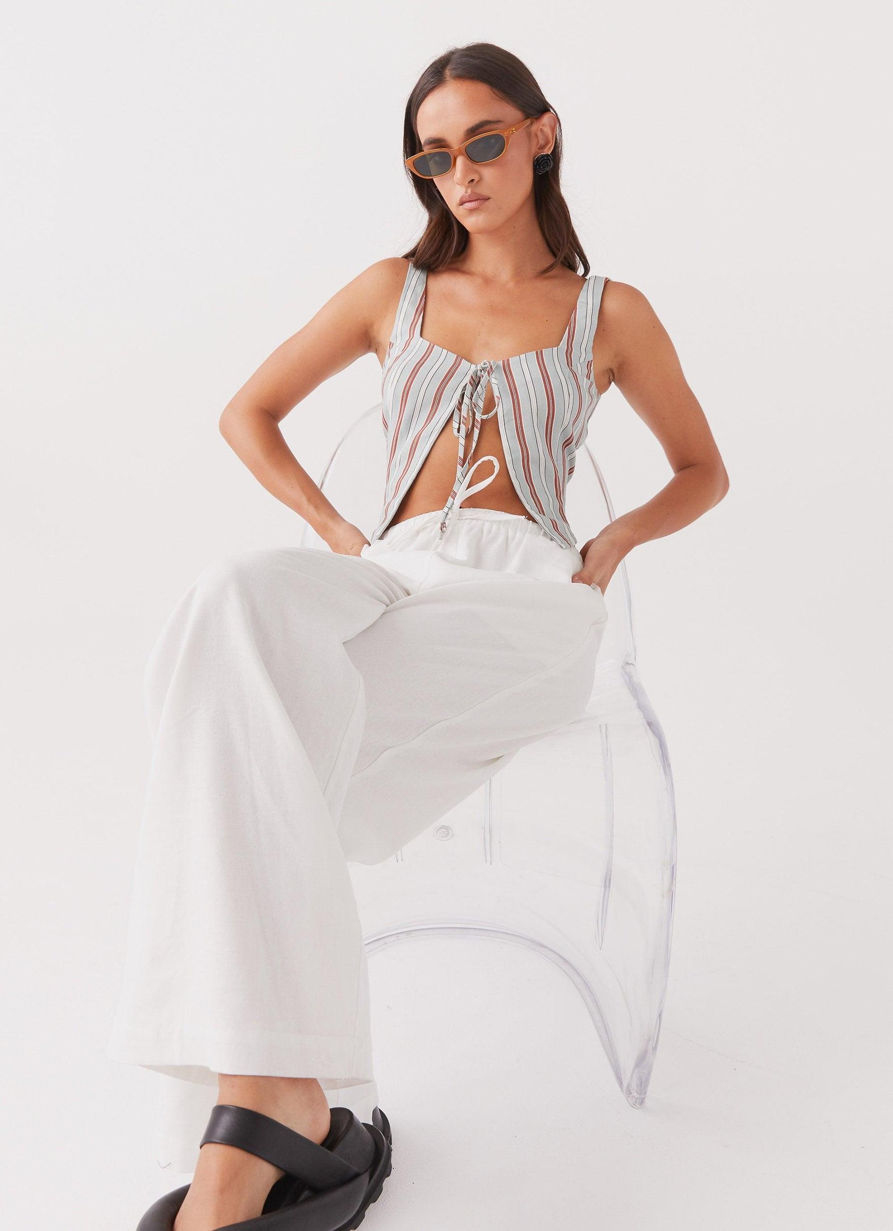 Oasis Dreams Linen Tie Top - Coastal Stripe Product Image
