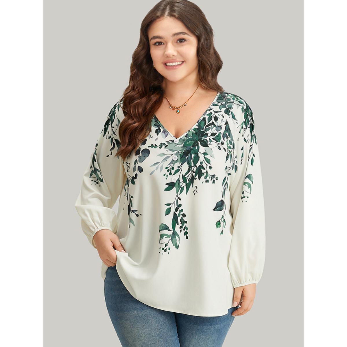 Plus Size DimGray Plants Print Lantern Sleeve Button Detail Blouse Women Vacation Long Sleeve V-neck Dailywear Blouses BloomChic 28/5X Product Image