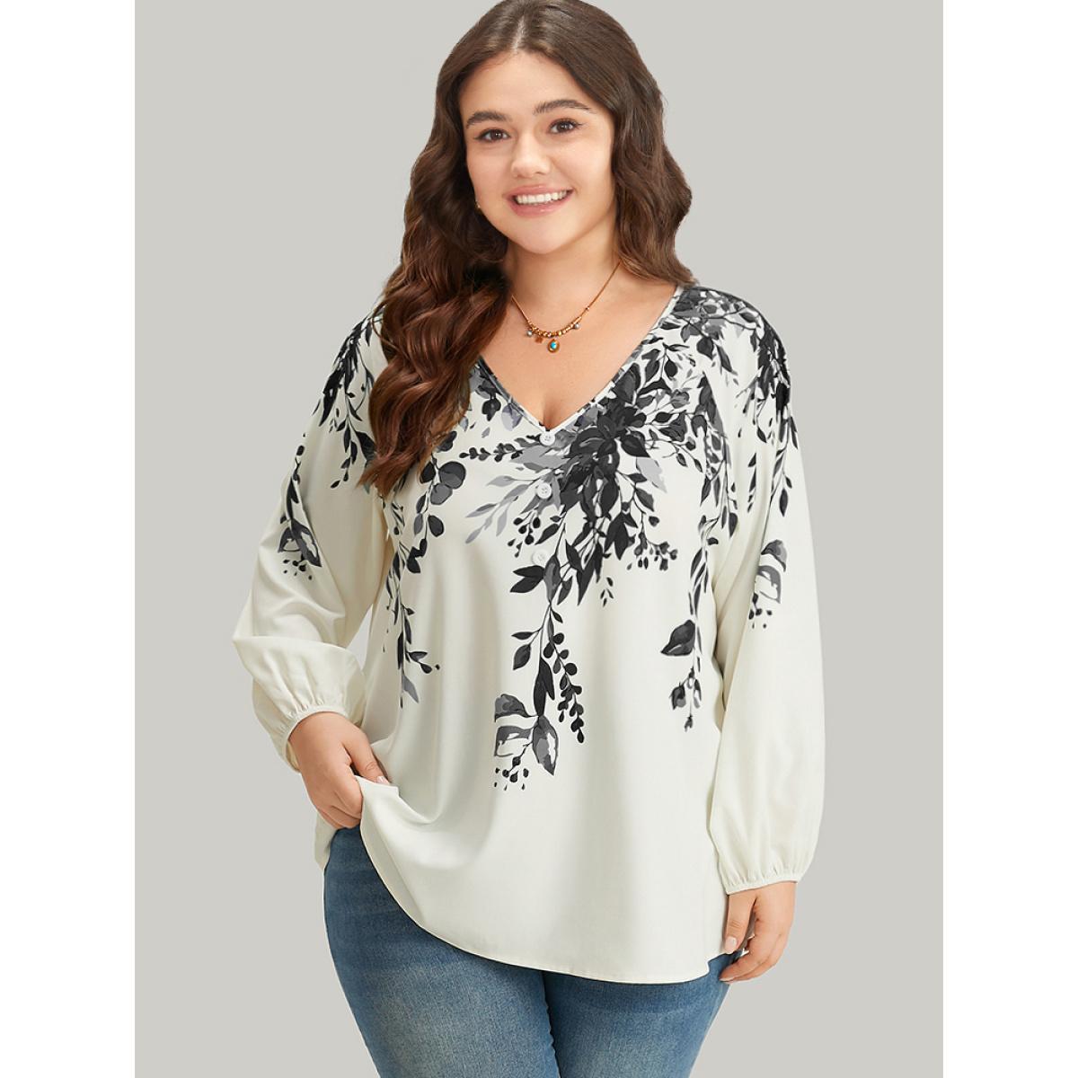 Plus Size DimGray Plants Print Lantern Sleeve Button Detail Blouse Women Vacation Long Sleeve V-neck Dailywear Blouses BloomChic 28/5X Product Image