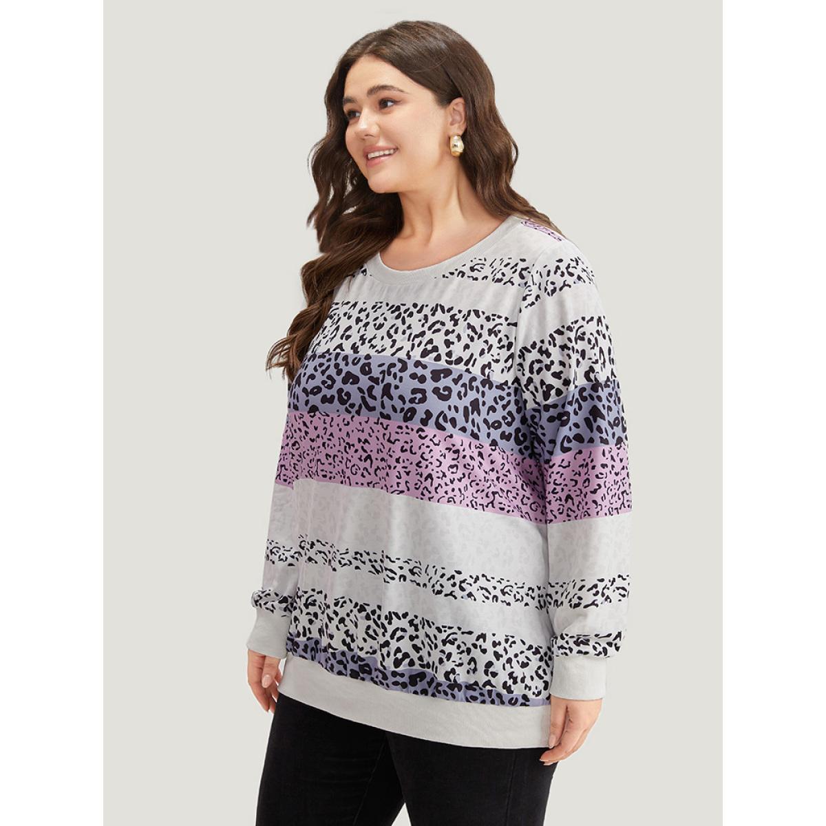 Plus Size Colour Leopard Print Crew Neck Sweatshirt Women Multicolor Casual Printed Round Neck Dailywear Sweatshirts BloomChic 22-24/3X Product Image