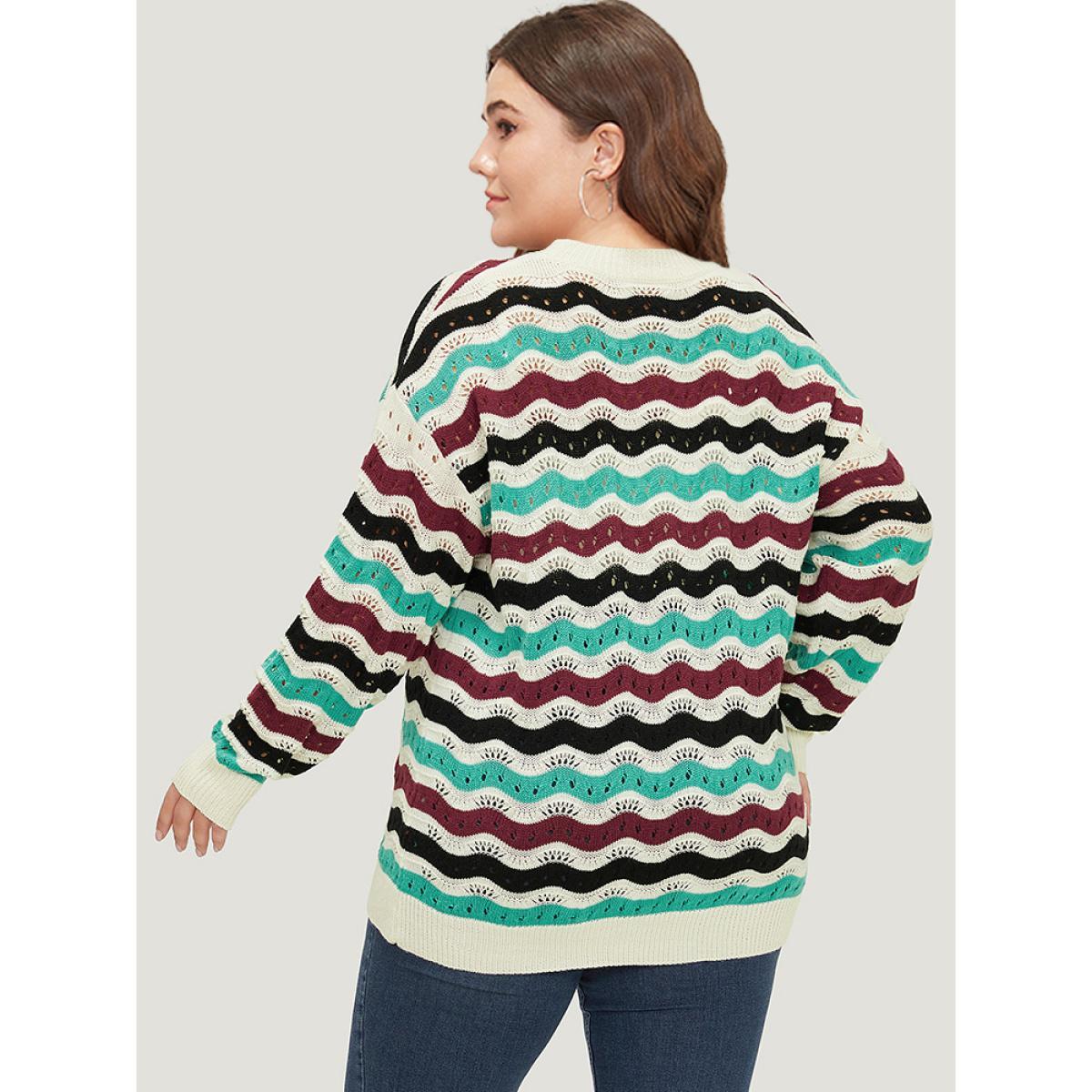 Plus Size Contrast Water Ripple Cut Out Elastic Cuffs Pullover Multicolor Women Casual Loose Long Sleeve Round Neck Dailywear Pullovers BloomChic 30/6X Product Image