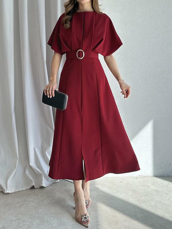 Loose Raglan Sleeve Pleated Split-Front Split-Joint Tied Waist Round-Neck Maxi Dresses Product Image