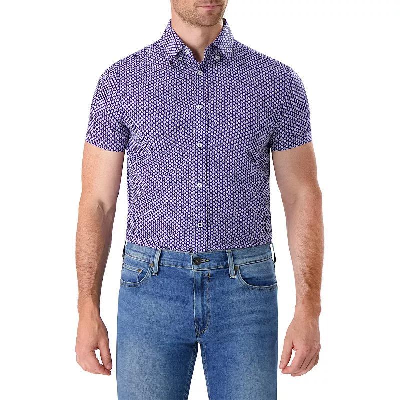Men's Report Collection Short Sleeve Stretch Tropical Print Woven Button-Down Shirt, Size: Large, Royal Blue Product Image
