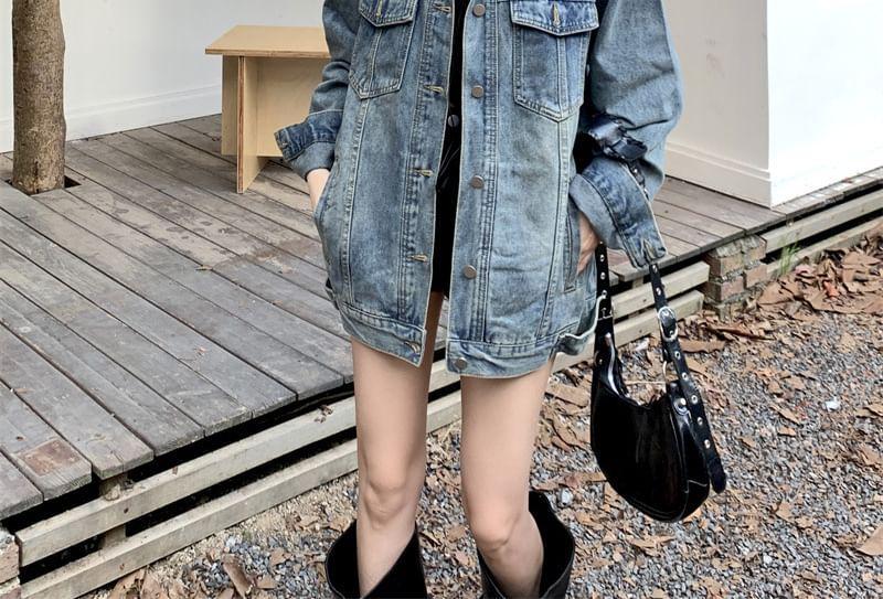 Collared Washed Denim Button Up Jacket Product Image
