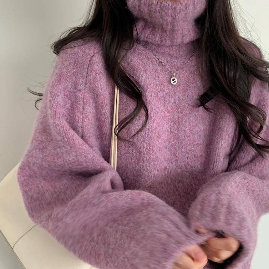 Long-Sleeve Turtleneck Plain Sweater Product Image