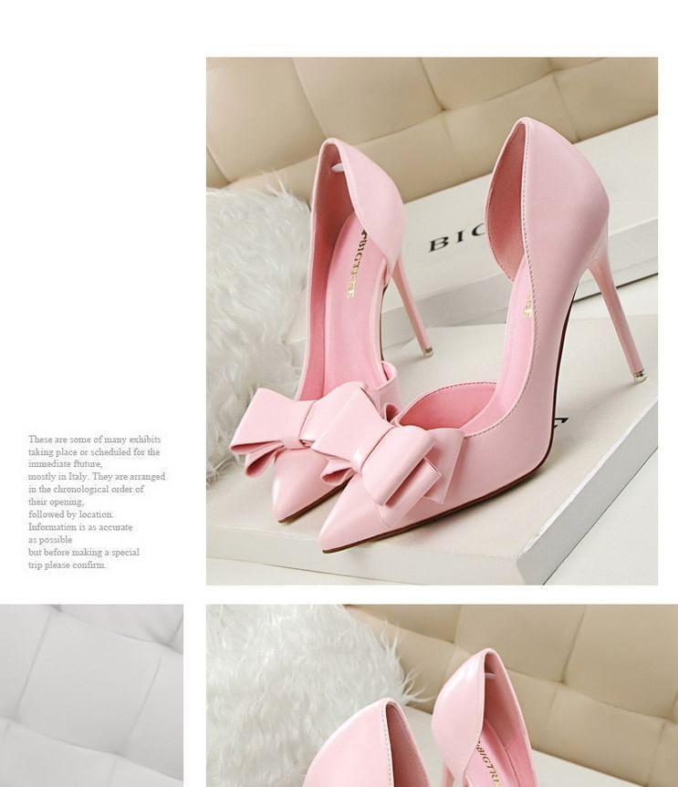 Stiletto Pointed Toe Plain Bow Accent Faux Leather D'Orsay Pumps Product Image