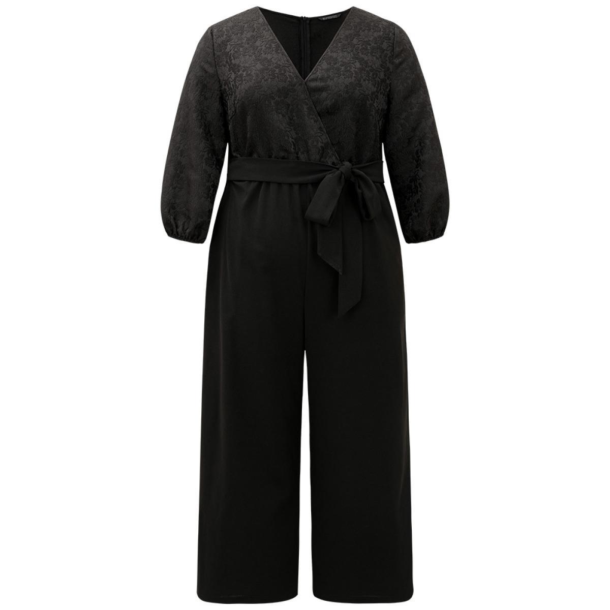 Plus Size Black Plain Textured Belted Wrap Jumpsuit Women Party Elbow-length sleeve Overlap Collar Going out Loose Jumpsuits BloomChic 12/L Product Image