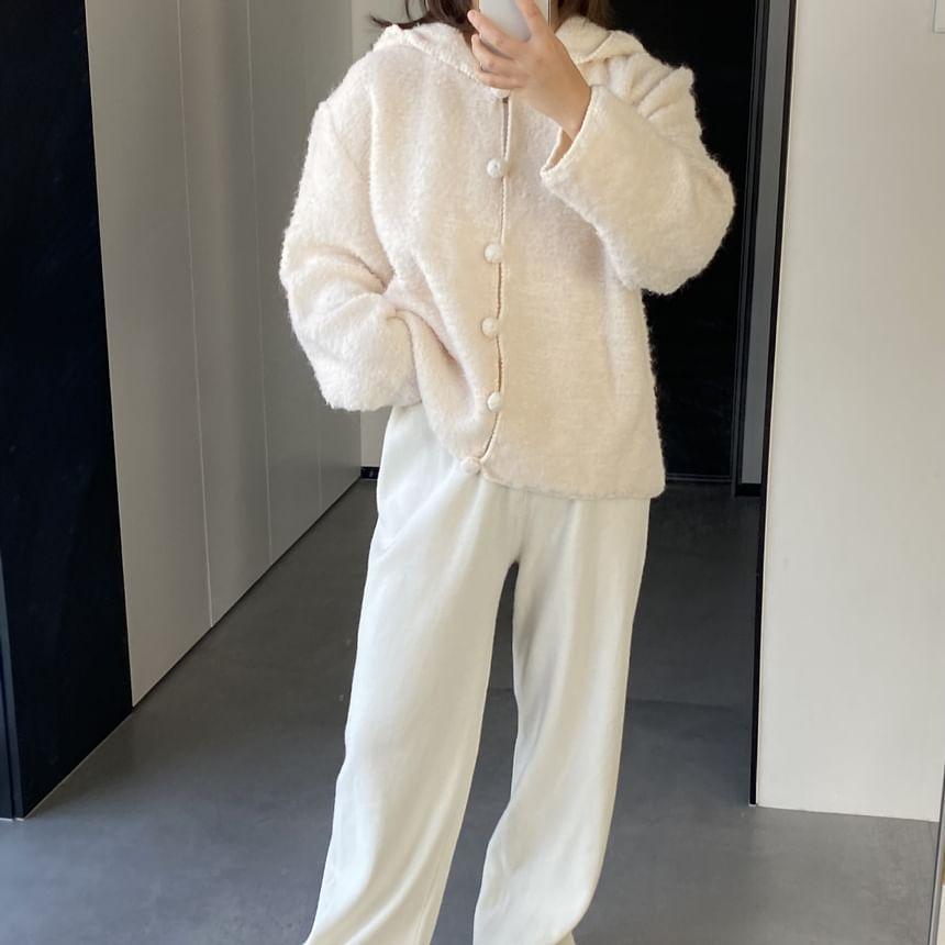 Hooded Plain Fluffy Button Cardigan Product Image