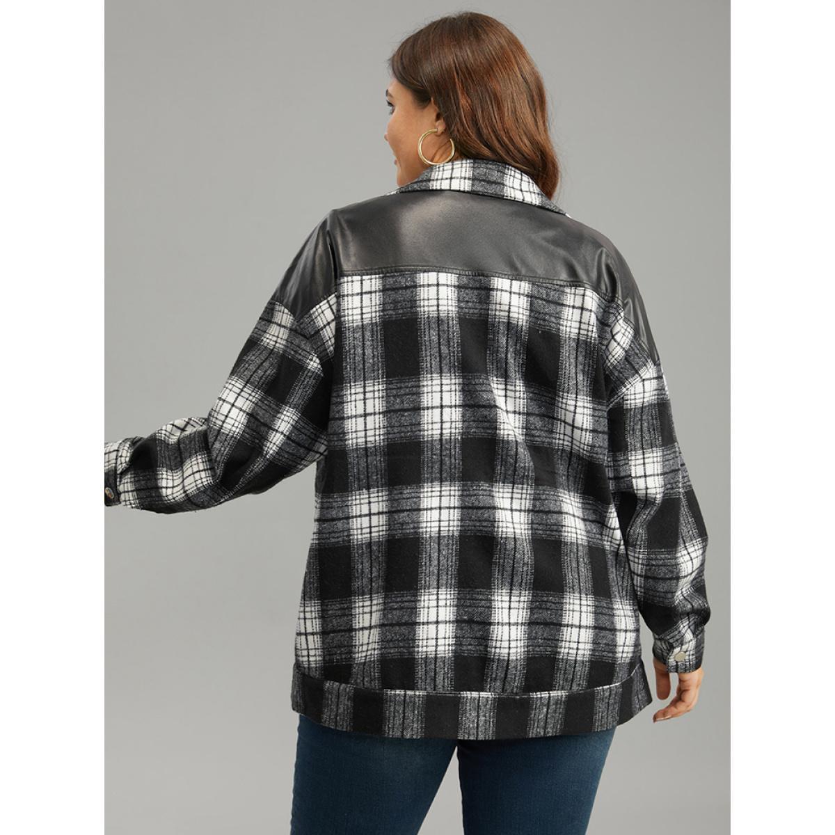 Plus Size Plaid Patchwork Contrast Button Up Shacket Women Black Contrast Pocket Dailywear Jackets BloomChic 12/L Product Image