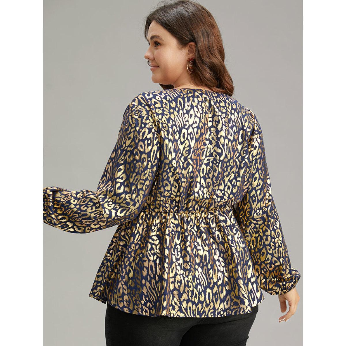 Plus Size Indigo Glitter Leopard Wrap Elastic Waist Lantern Sleeve Blouse Women Cocktail Long Sleeve Overlap Collar Party Blouses BloomChic 22-24/3X Product Image