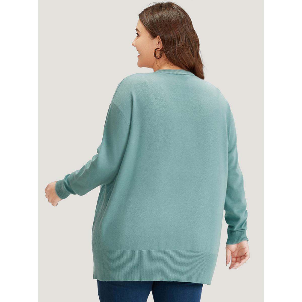 Plus Size Supersoft Essentials Geometric Eyelet Open Front Cardigan Emerald Women Casual Loose Long Sleeve Dailywear Cardigans BloomChic 10/M Product Image