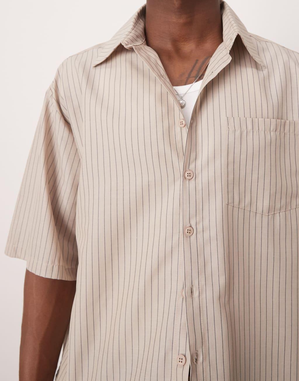 ASOS DESIGN 90s oversized boxy shirt in beige stripe Product Image