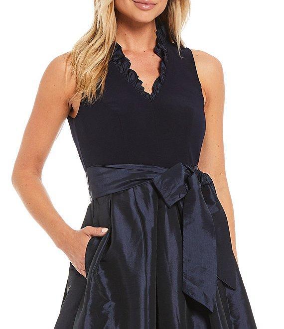 Jessica Howard Ruffle V-Neck Sleeveless Tie Waist Pleated Fit and Flare Dress Product Image