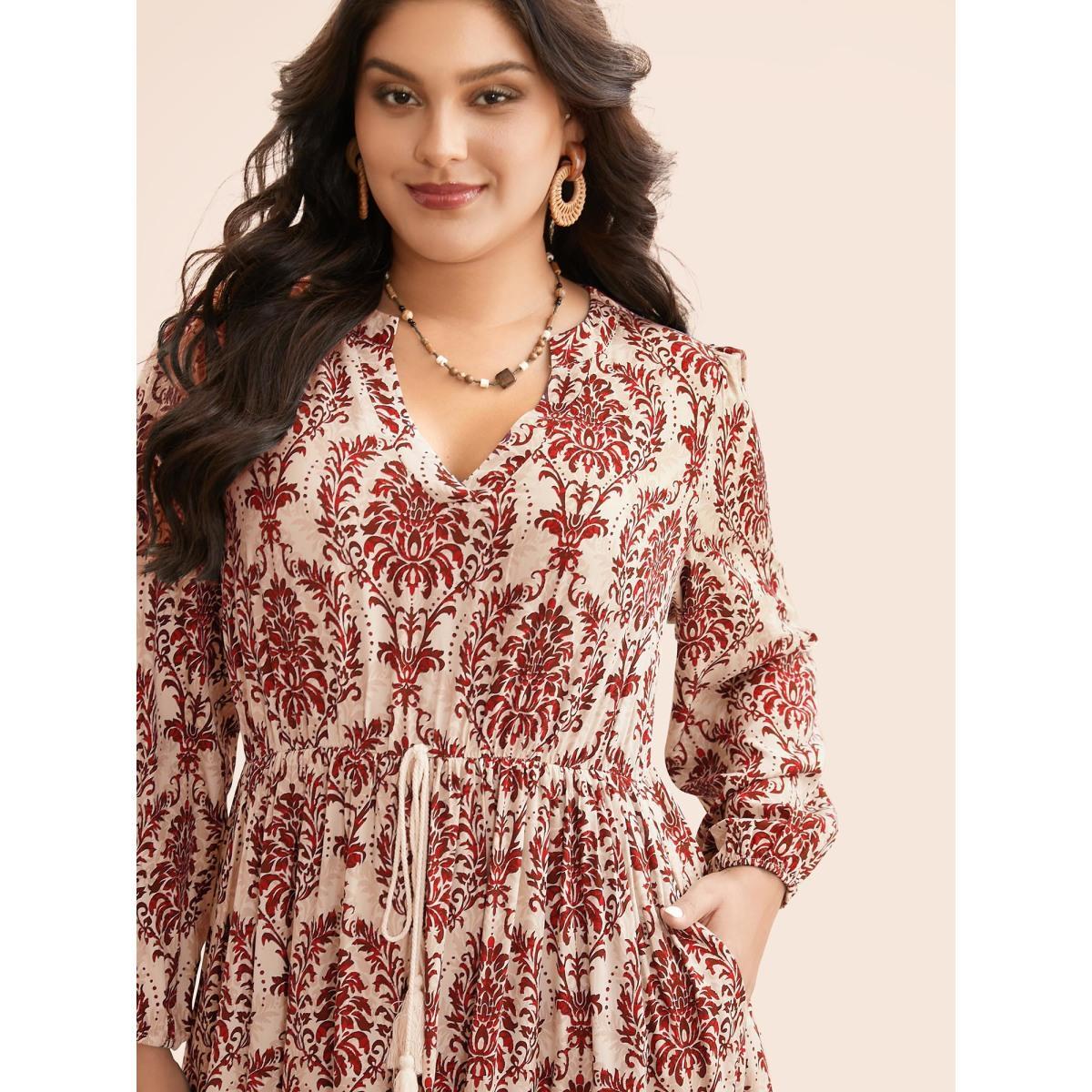 Plus Size Boho Print Notched Tie Knot Maxi Dress Rust Women Resort Tie knot Flat collar with V-notch Long Sleeve Curvy BloomChic 30/6X Product Image