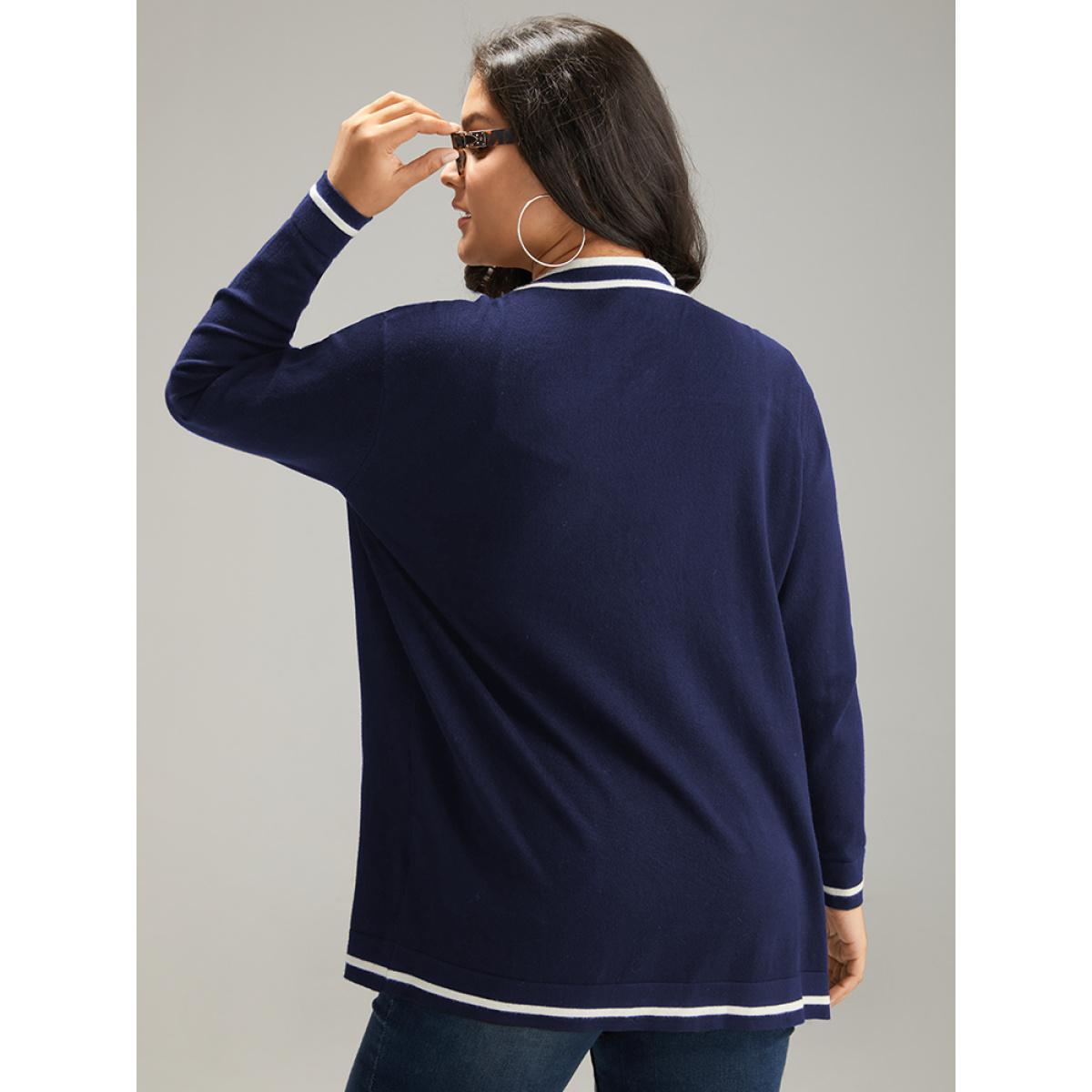 Plus Size Supersoft Essentials Striped Patchwork Pocket Open Front Cardigan Indigo Women Casual Loose Long Sleeve Everyday Cardigans BloomChic 28/5X Product Image
