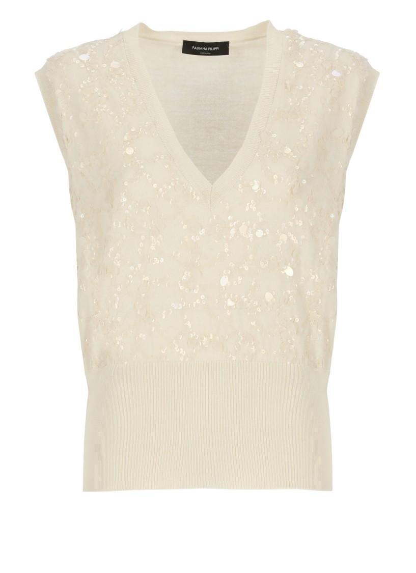 FABIANA FILIPPI Ivory V-neck Cashmere Blend Sweater With Sequined Detail In Neutrals Product Image
