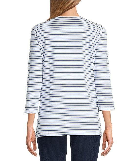 Ruby Rd. Knit Floral Embroidered Split Neck 3/4 Sleeve Top Product Image
